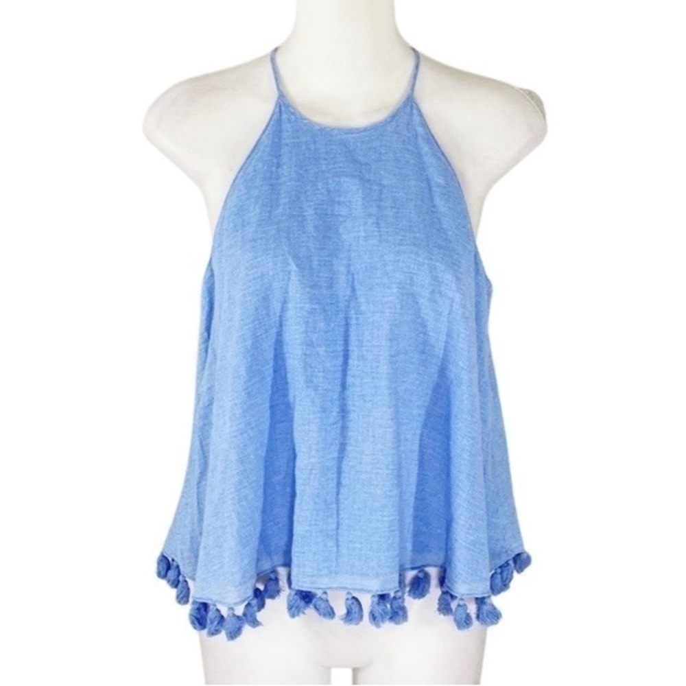 Tory Burch blue halter crop tassel trim top 0 P5 - Picture 2 of 14
